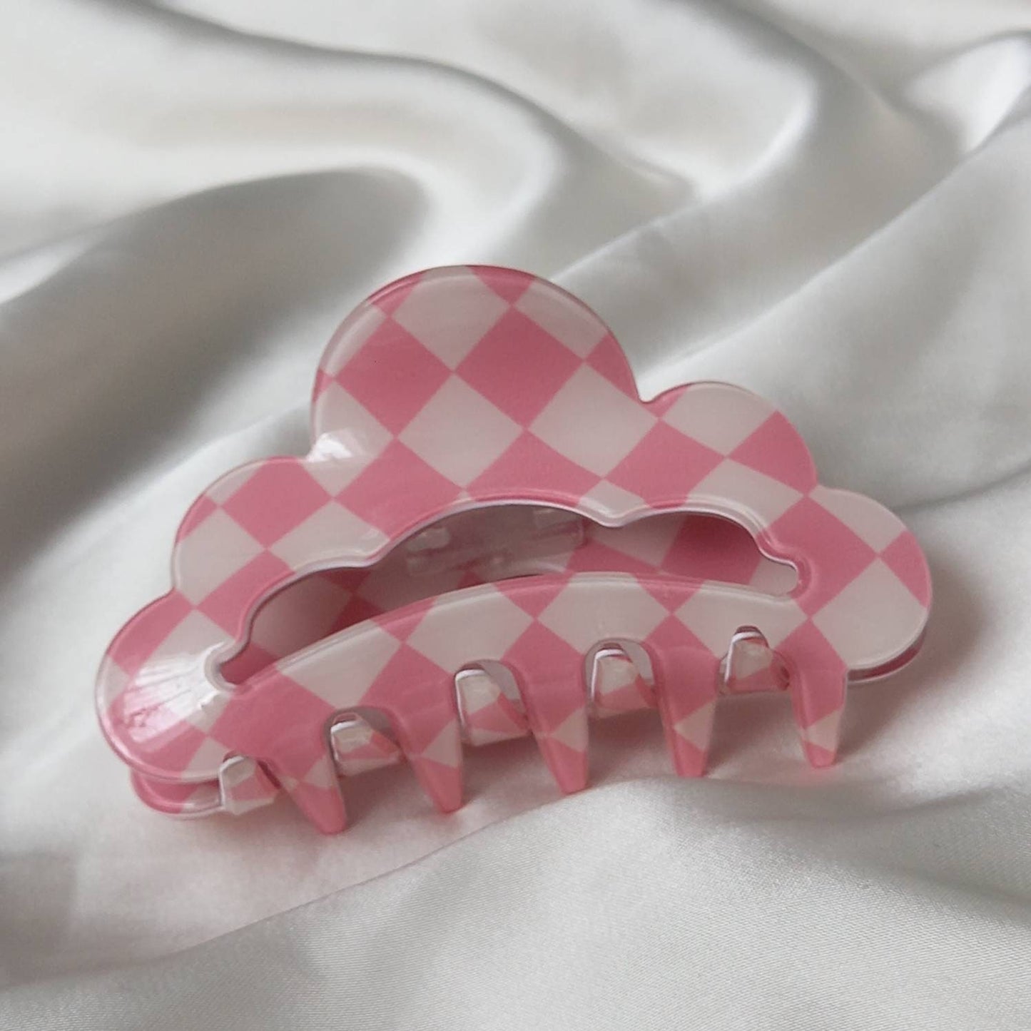 Pink & White Retro Cloud Hair Clip - Pink Hair Clip,Funky Hair Clip,70's Accessories,Vintage Style Hair Clip,Checkered Hair Clips In The UK