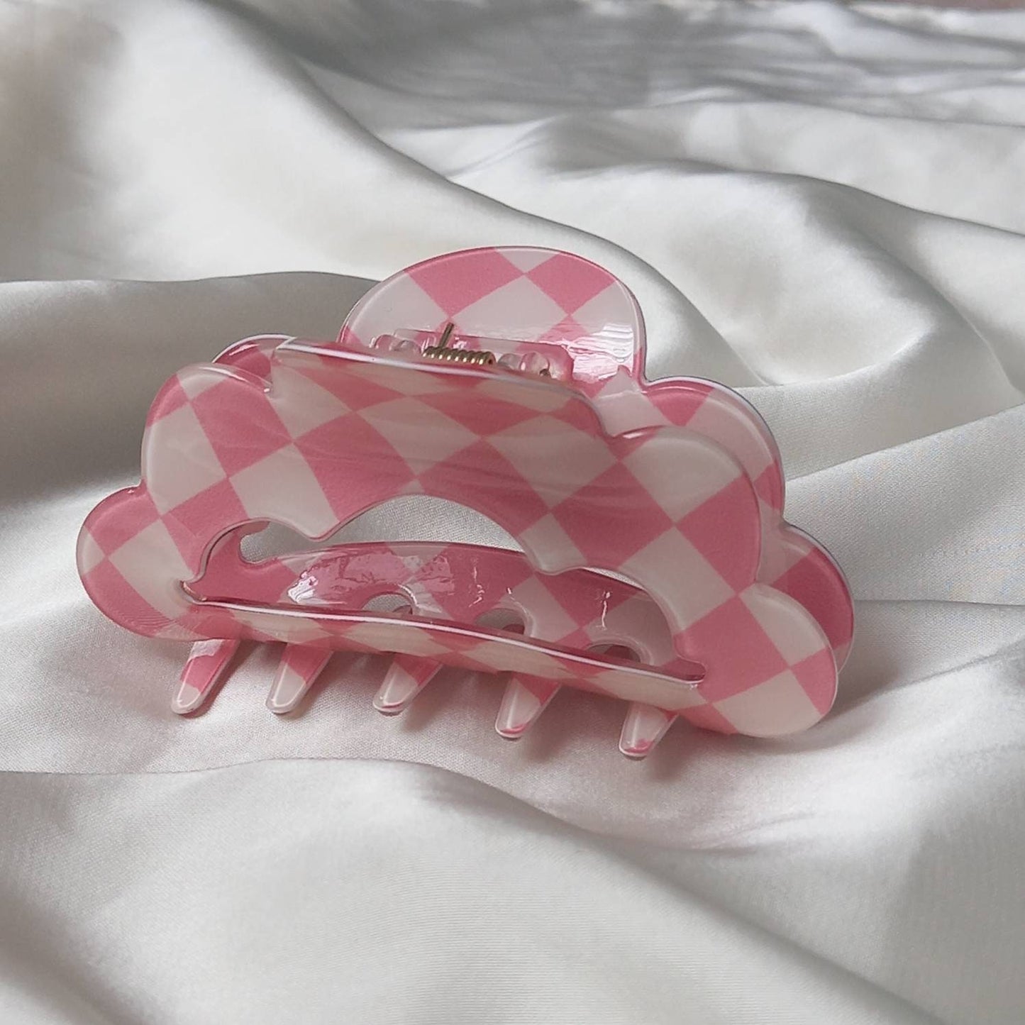 Pink & White Retro Cloud Hair Clip - Pink Hair Clip,Funky Hair Clip,70's Accessories,Vintage Style Hair Clip,Checkered Hair Clips In The UK