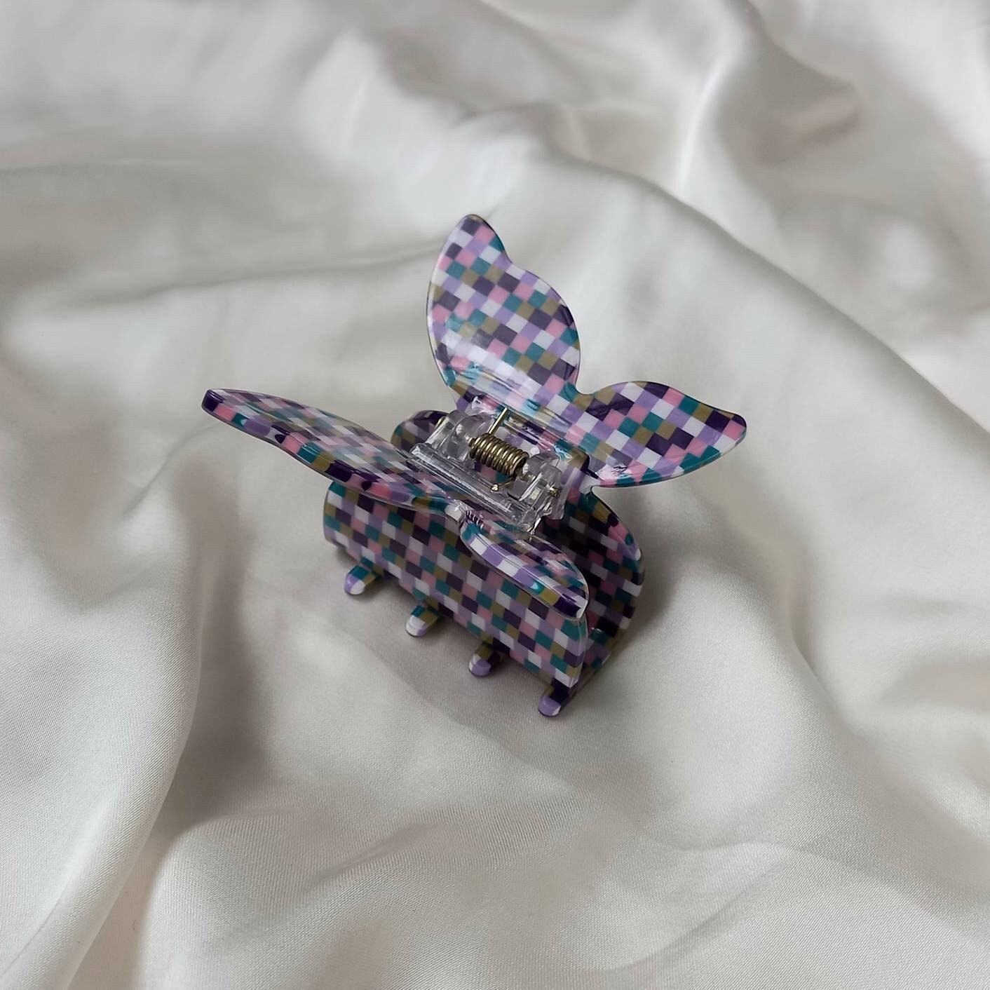 Checkered Retro Butterfly Hair Clip - Pink Hair Clip, Funky Hair Clip, 70's Accessories, Blue Hair Claw, Checkered Hair Clips In The UK