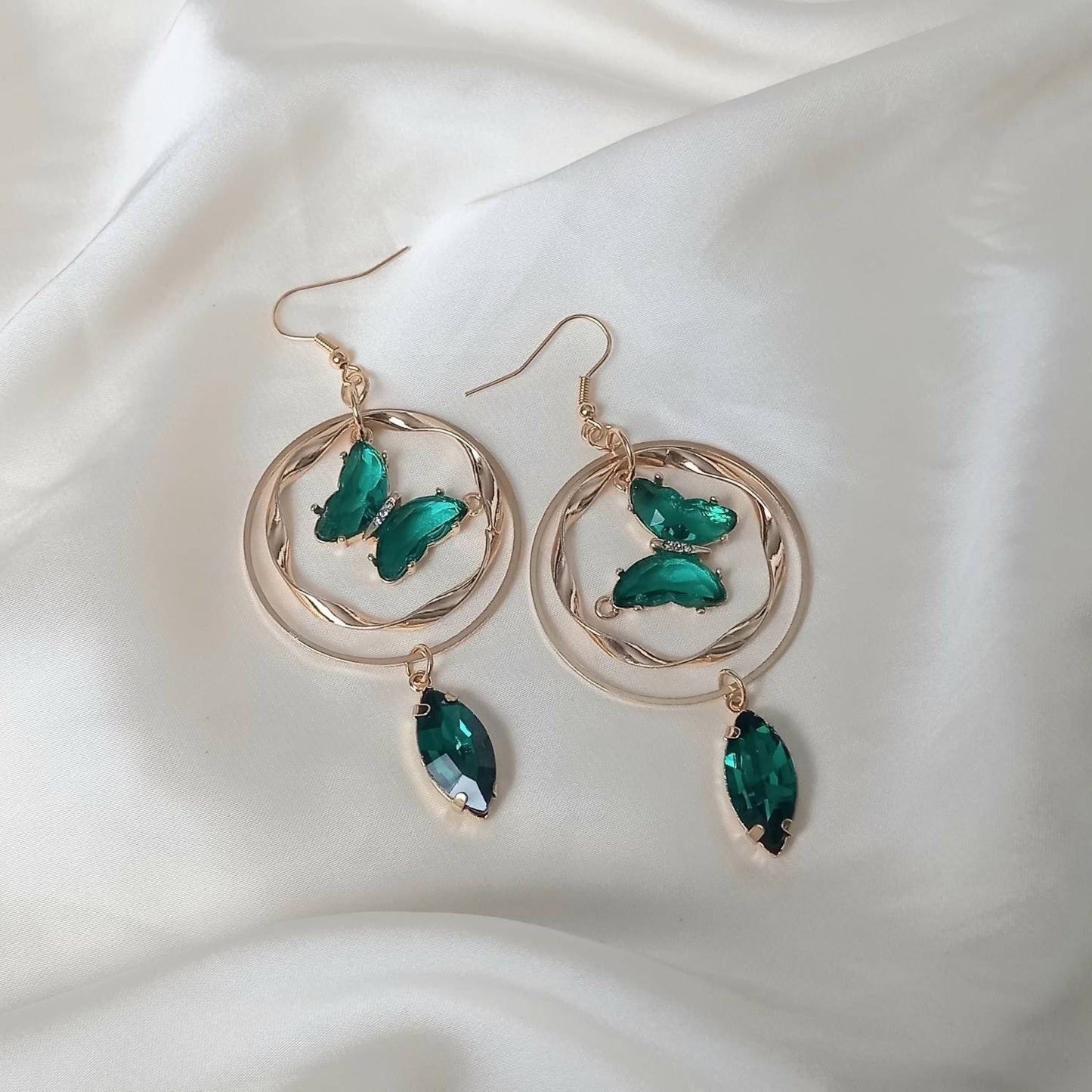 Gold & Green Butterfly Drop Earrings - Green Drop Earrings, Green Butterfly Earrings, Gold Earrings In The UK, Gold Butterfly Jewellery