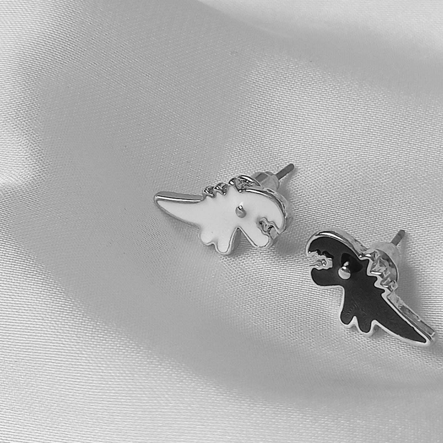 Black & White Dinosaur Stud Earrings - Dinosaur Earrings, Black Stud Earrings, Black Jewellery,Dinosaur Jewellery,Novelty,Funky Jewellery