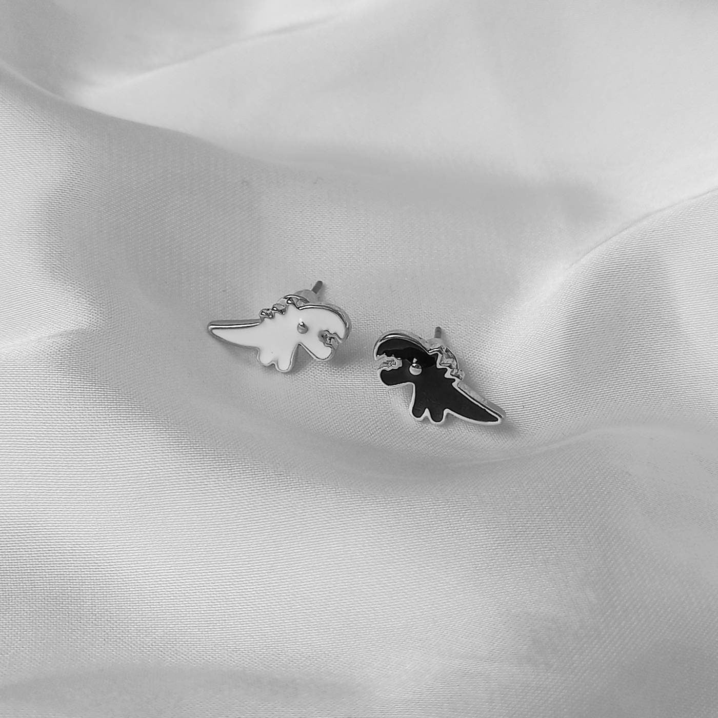 Black & White Dinosaur Stud Earrings - Dinosaur Earrings, Black Stud Earrings, Black Jewellery,Dinosaur Jewellery,Novelty,Funky Jewellery