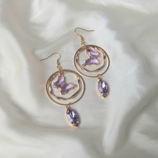 Gold & Purple Butterfly Drop Earrings - Purple Drop Earrings, Purple Butterfly Earrings, Gold Earrings In The UK, Gold Butterfly Jewellery