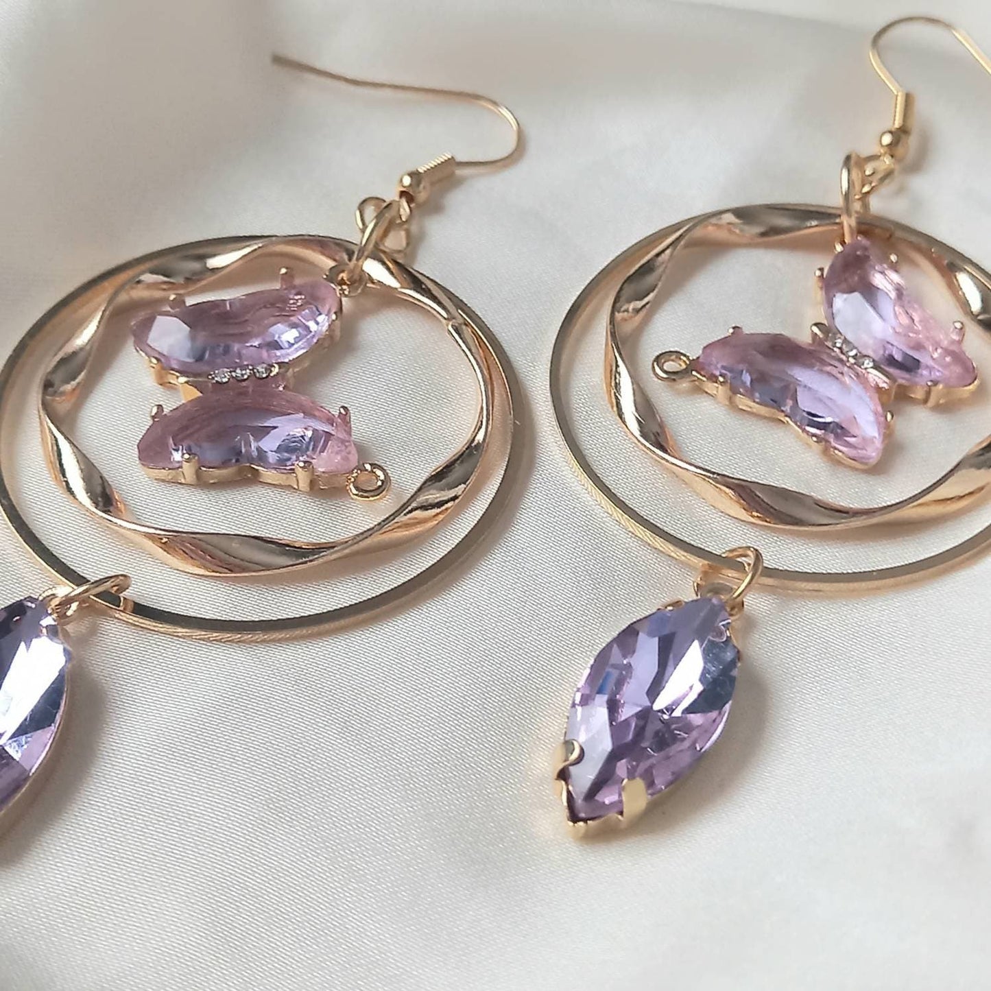 Gold & Purple Butterfly Drop Earrings - Purple Drop Earrings, Purple Butterfly Earrings, Gold Earrings In The UK, Gold Butterfly Jewellery