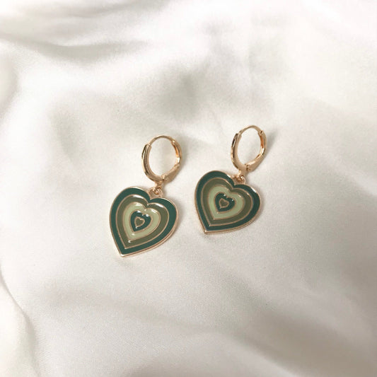 Green & Gold Retro Heart Drop Earrings -  70's Style Earrings, Vintage Style, Hanging Jewellery,Accessories,Green Jewellery,Gold Earrings