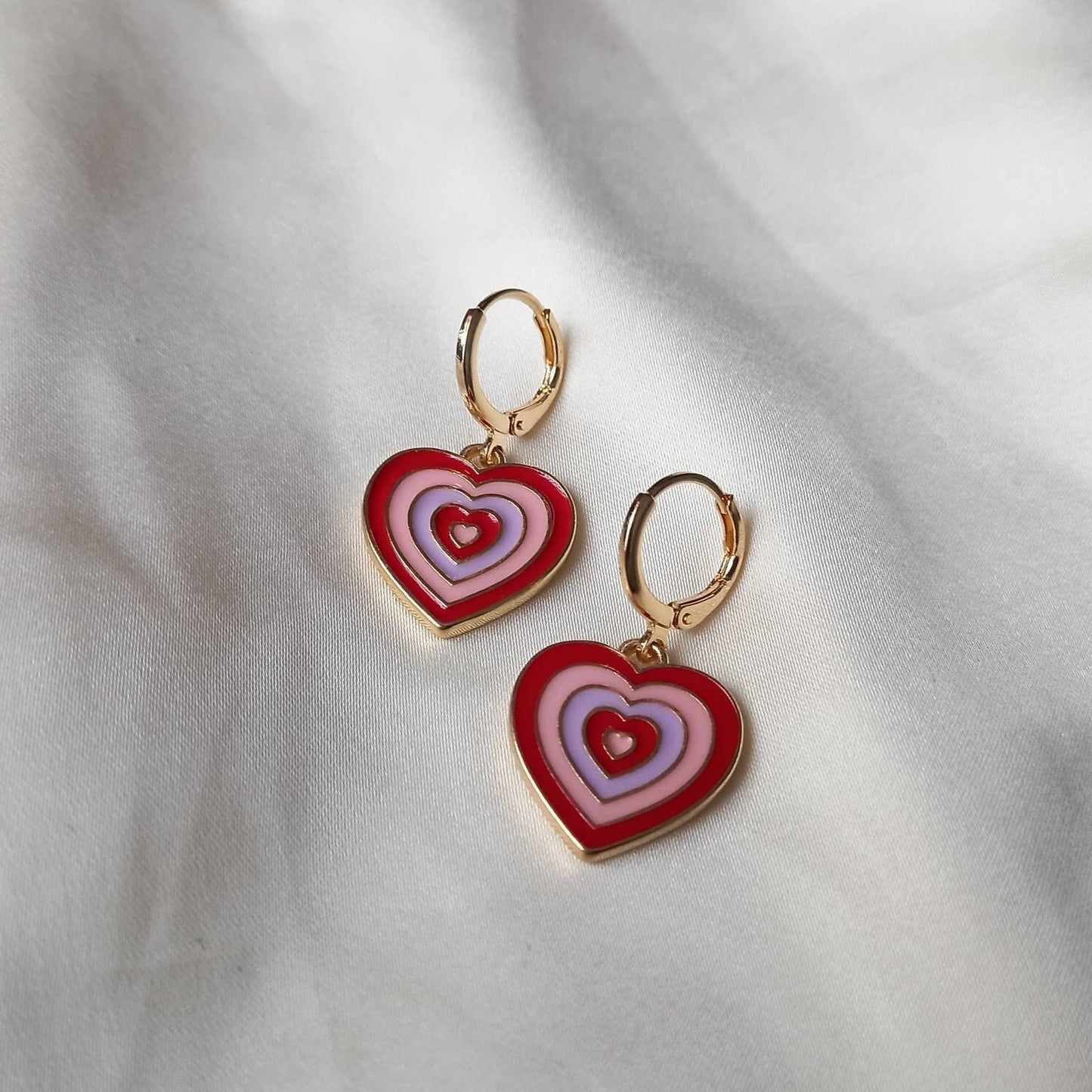Pink & Gold Retro Heart Drop Earrings -  70's Style Earrings, Vintage Style, Hanging Jewellery,Accessories,Pink Jewellery,Gold Earrings