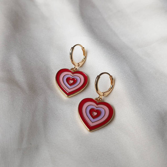 Pink & Gold Retro Heart Drop Earrings -  70's Style Earrings, Vintage Style, Hanging Jewellery,Accessories,Pink Jewellery,Gold Earrings