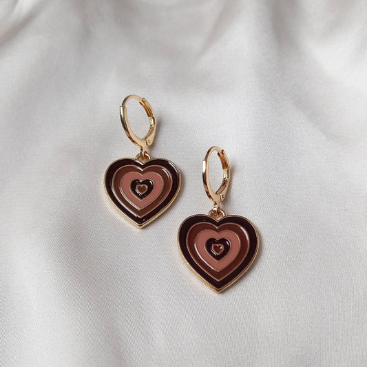 Brown & Gold Retro Heart Drop Earrings -  70's Style Earrings, Vintage Style, Hanging Jewellery,Accessories,Brown Jewellery,Gold Earrings