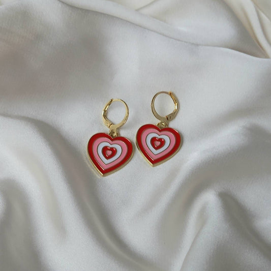 Pink & Gold Retro Heart Drop Earrings -  70's Style Earrings, Vintage Style, Hanging Jewellery,Accessories,Pink Jewellery,Gold Earrings