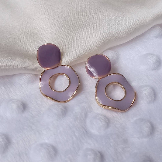 Purple & Gold Retro Drop Earrings -  Round Earrings, Purple Earrings In The UK,Gold Earrings In The UK, Purple Jewellery, Lilac Earrings