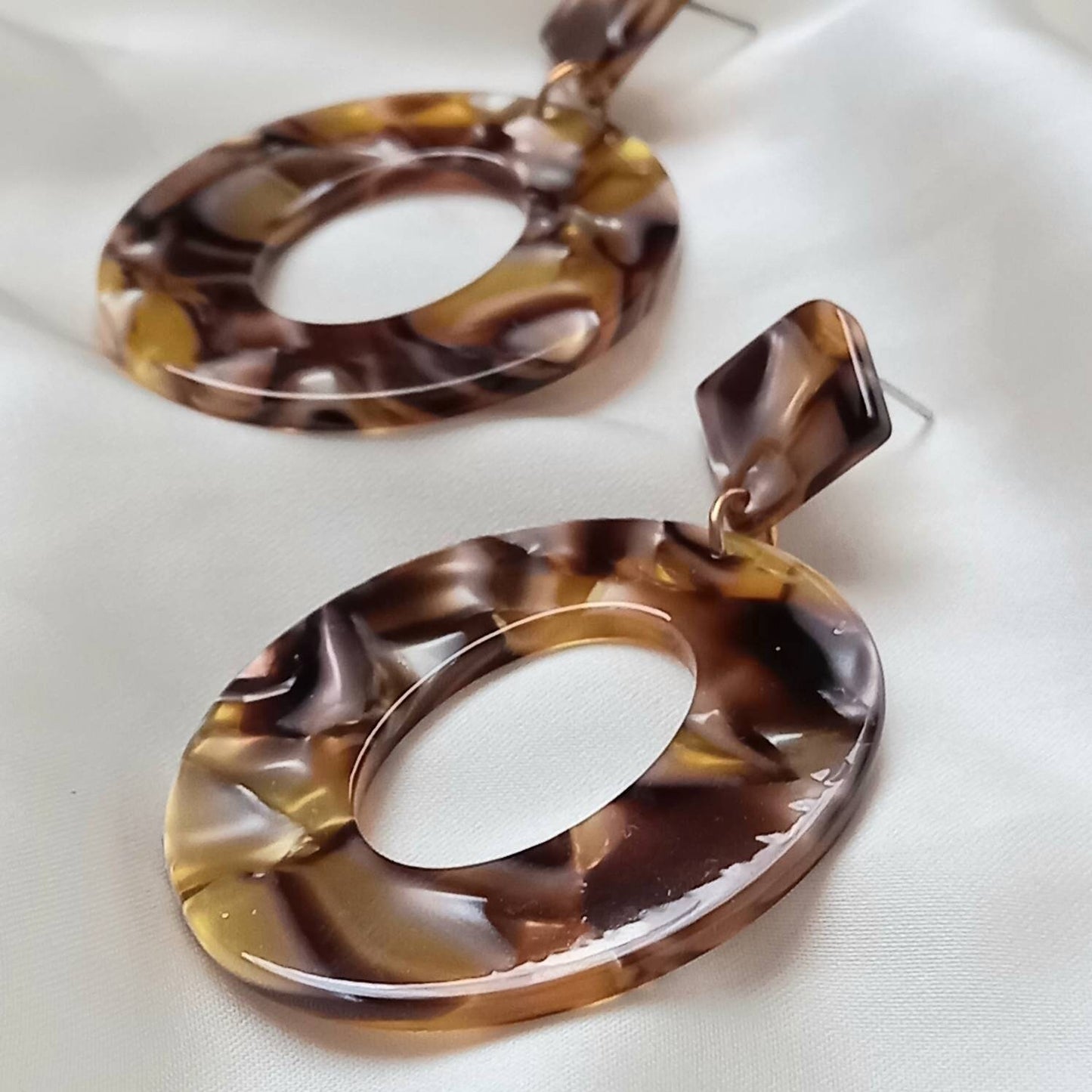 Brown Resin Drop Earrings -  Brown Earrings, Brown Jewellery, Orange Earrings, Retro Earrings, Chunky Earrings, Gold Earrings,Resin Earrings