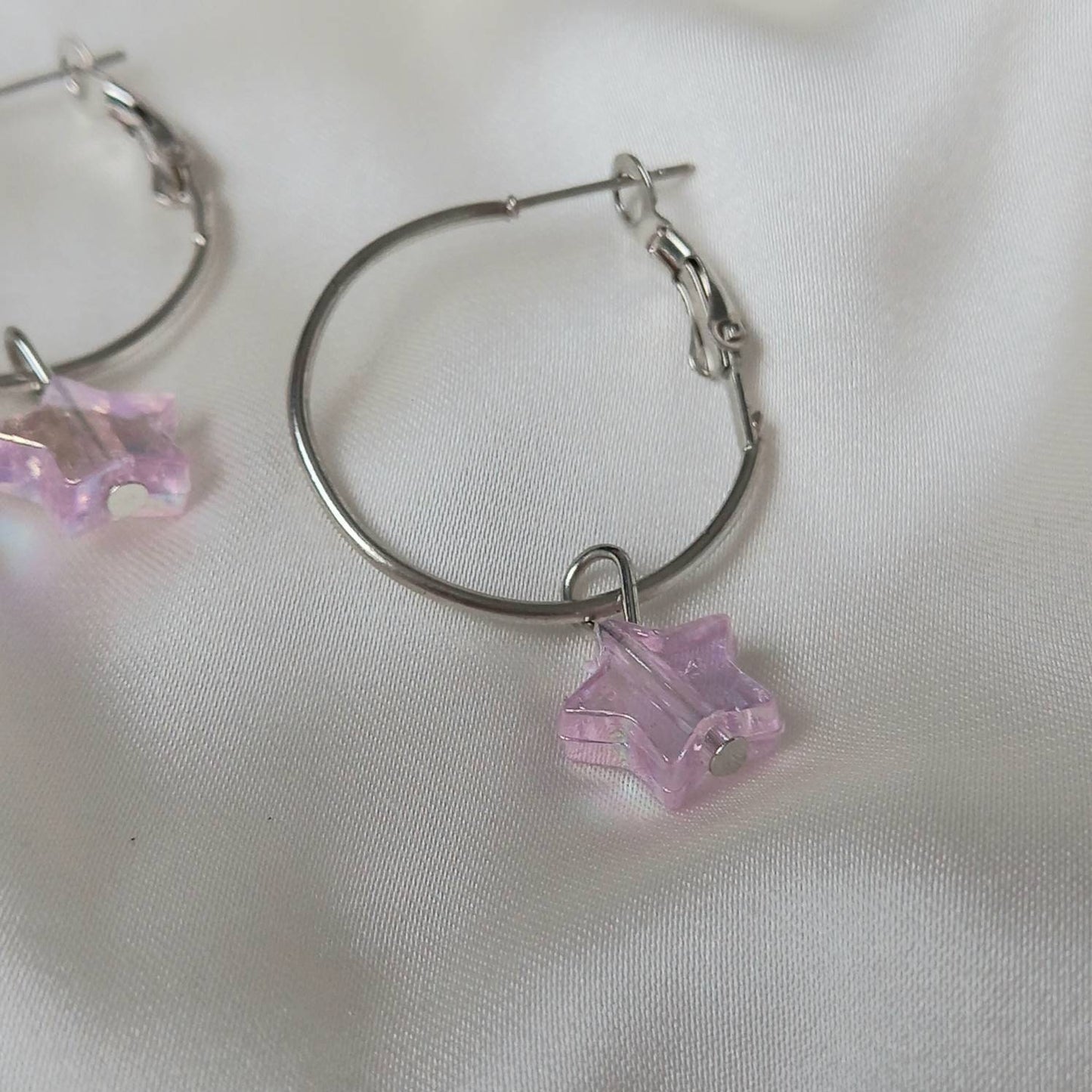 Silver Star Hoop Earrings - Lightweight Hoop Earrings,Pink Star Earrings,Hoop Earrings,Cute Earrings,Silver Earrings,Silver Star Jewellery