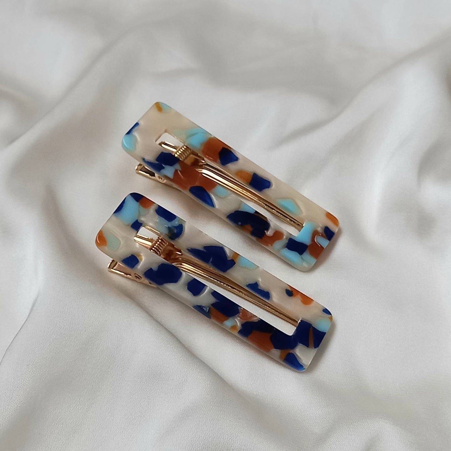 2 Retro Hair Clips - Hair Clip In The UK,Funky Hair,70's Accessories,Minimalistic Hair Clips,Neutral,Speckled Hair Clips,Blue & Orange