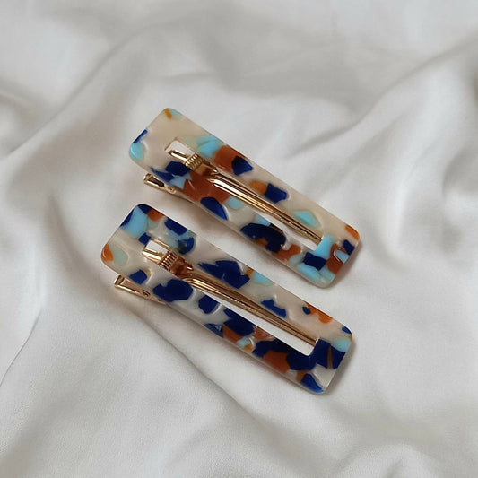 2 Retro Hair Clips - Hair Clip In The UK,Funky Hair,70's Accessories,Minimalistic Hair Clips,Neutral,Speckled Hair Clips,Blue & Orange