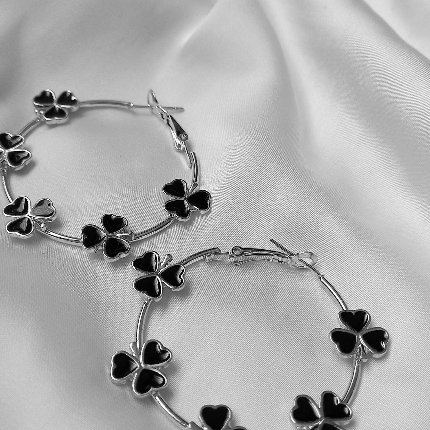 Black Clover Hoop Earrings - Lightweight Hoop Earrings,Silver Earrings,Silver Hoop Earrings,Clover Earrings,Flower Jewellery In The UK