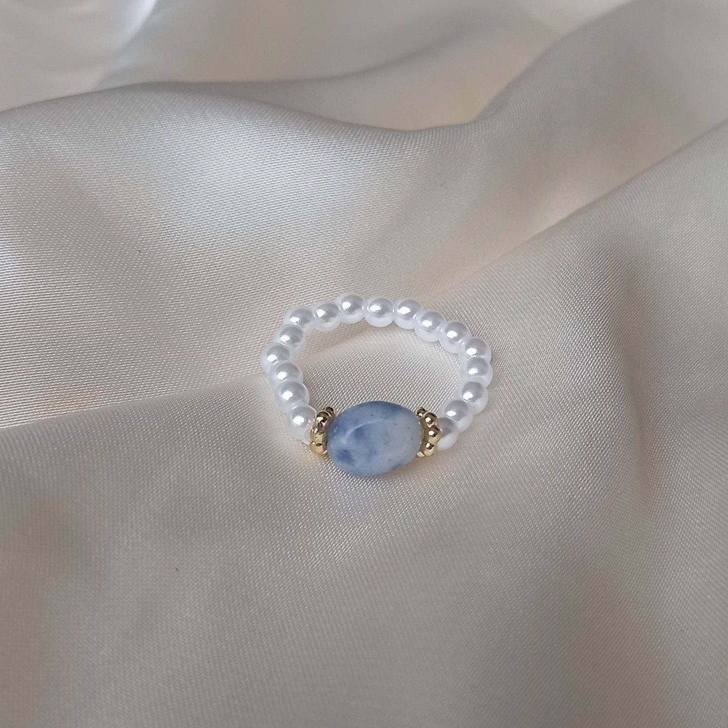 White Faux Pearl & Blue Stone Ring - Pearl Jewellery, Accessories, Pearl Ring,Bead Ring,Classy Ring,Cute Ring,Stone Jewelley,Adjustable Ring