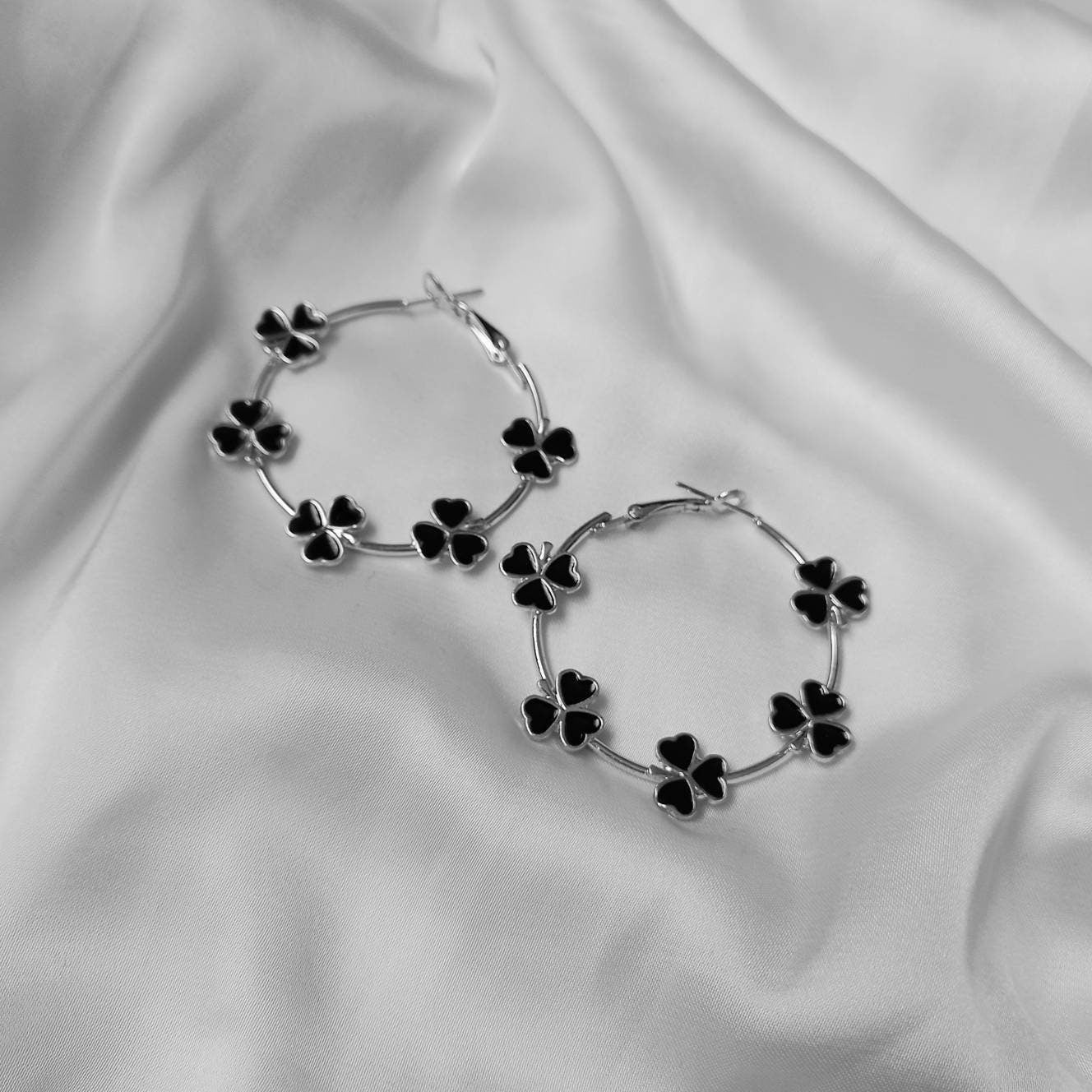 Black Clover Hoop Earrings - Lightweight Hoop Earrings,Silver Earrings,Silver Hoop Earrings,Clover Earrings,Flower Jewellery In The UK