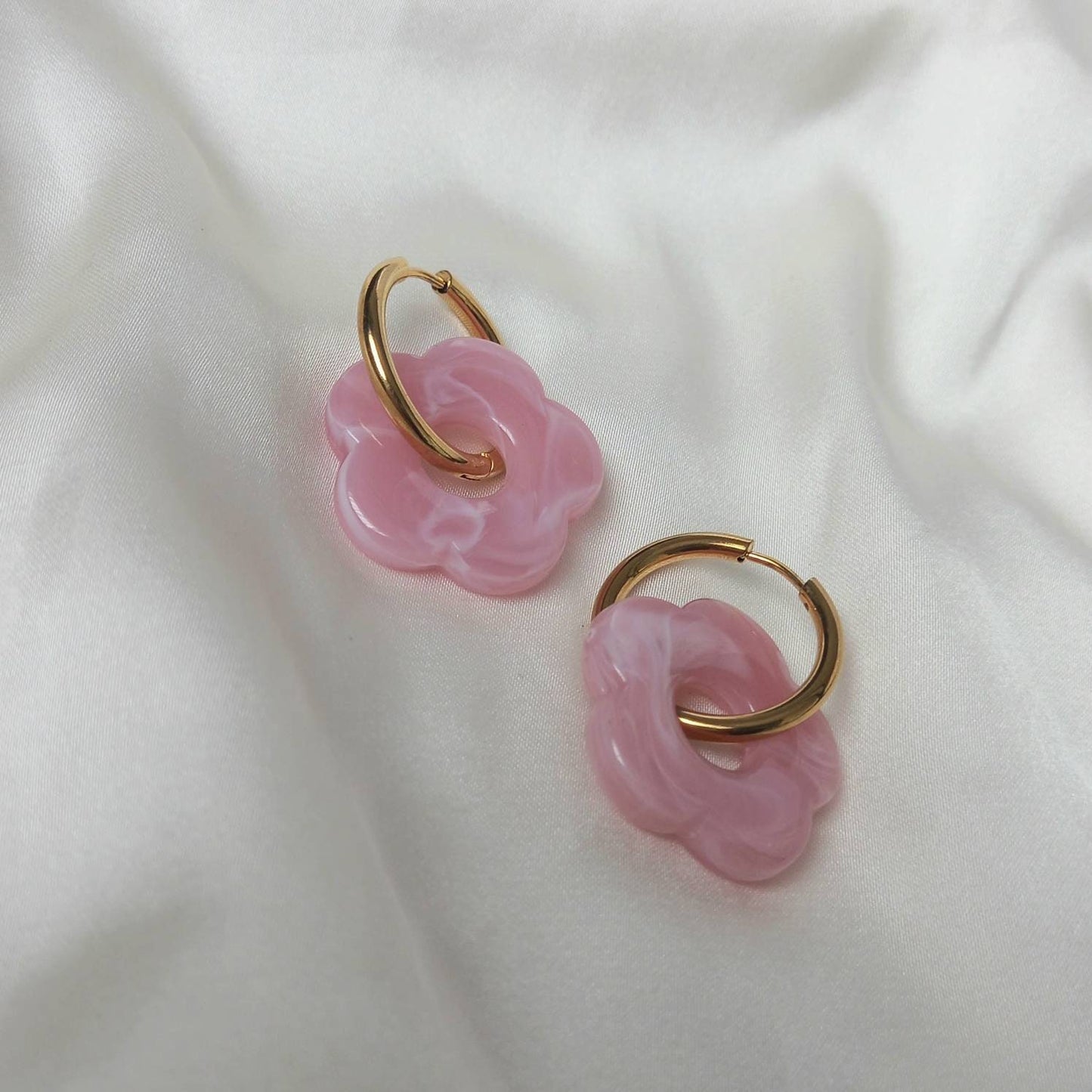 Pink & Gold Retro Flower Hoop Earrings -  70's Style Earrings, Small Gold Hoops, Vintage Style Earrings, Gold Jewellery,Gold Earrings