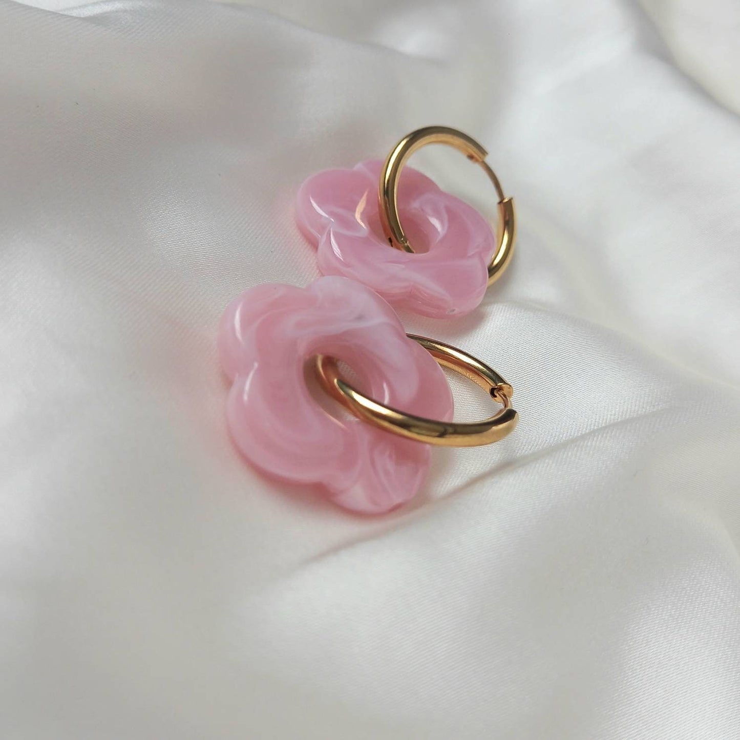 Pink & Gold Retro Flower Hoop Earrings -  70's Style Earrings, Small Gold Hoops, Vintage Style Earrings, Gold Jewellery,Gold Earrings