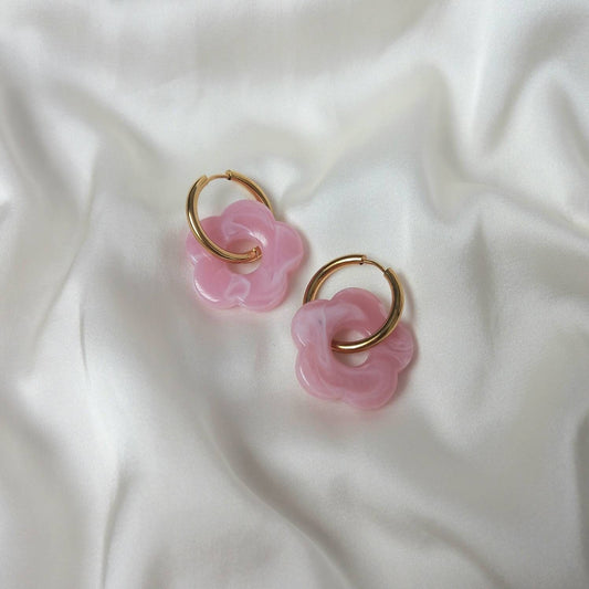 Pink & Gold Retro Flower Hoop Earrings -  70's Style Earrings, Small Gold Hoops, Vintage Style Earrings, Gold Jewellery,Gold Earrings