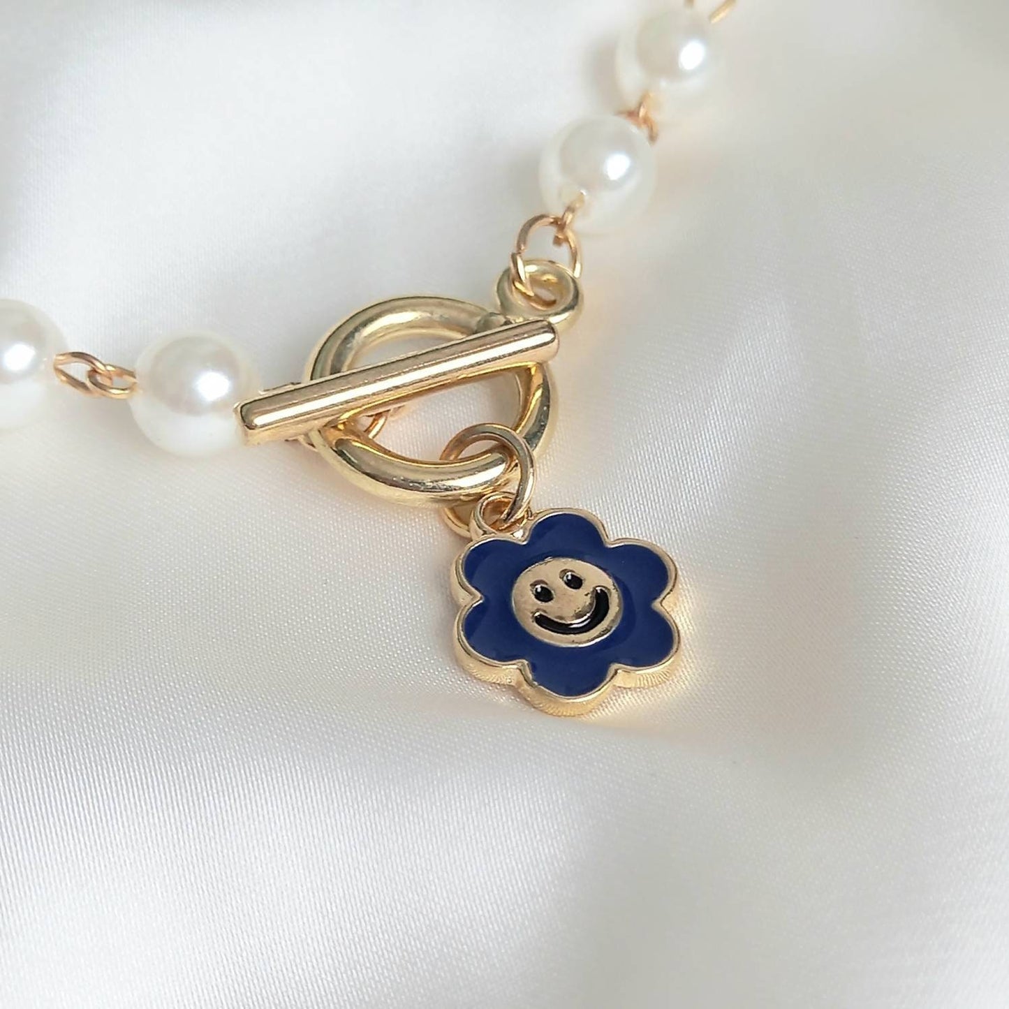 Blue Smiley Face Bracelet - Faux Pearl Bracelet,Bead Bracelets,Flower Bracelet,White Bead Bracelets In The UK,Blue Jewellery In The UK