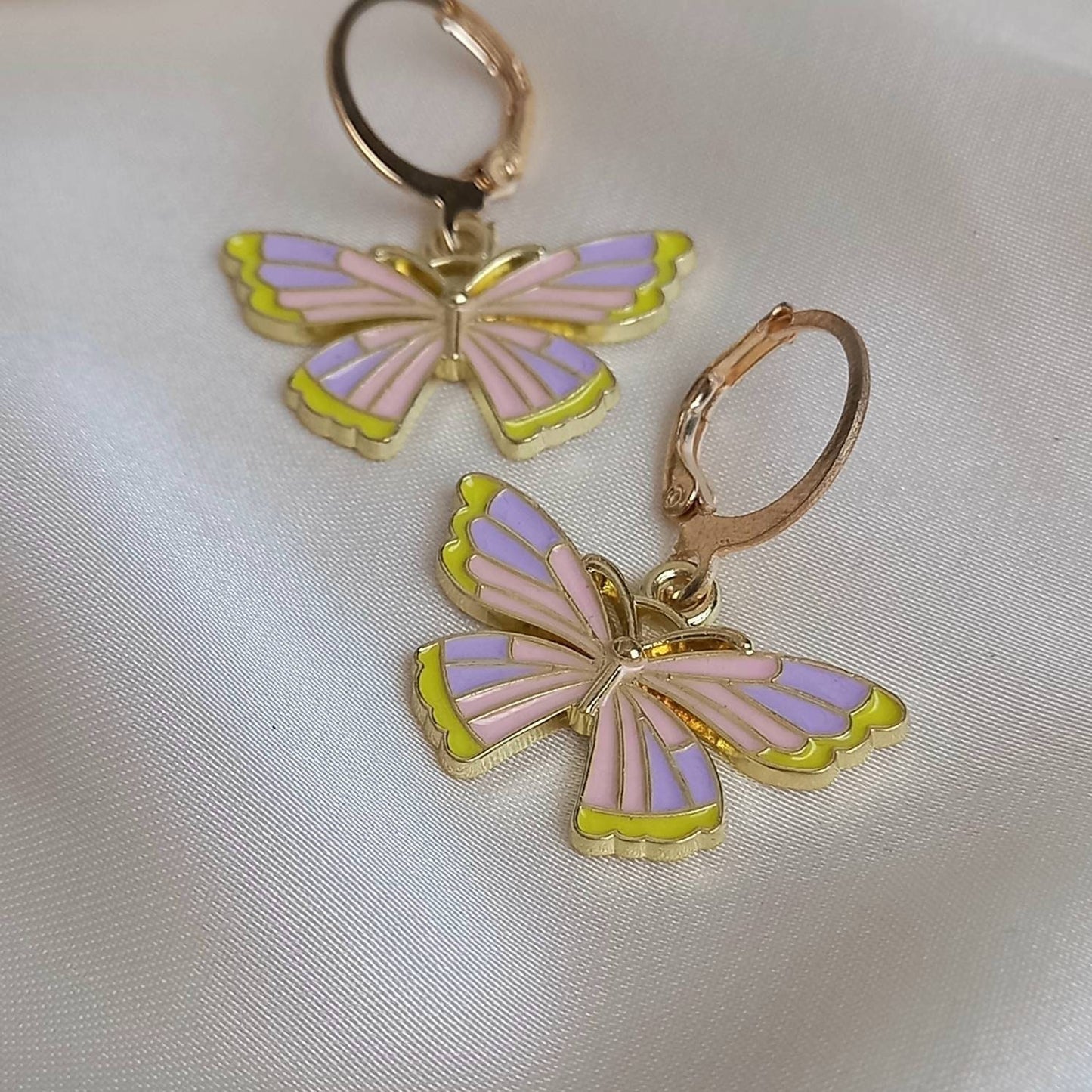 Pink & Yellow Butterfly Drop Earrings - Lightweight Drop Earrings,Purple Butterfly Earrings,Cute Earrings,Earrings In The UK,Pink Jewellery