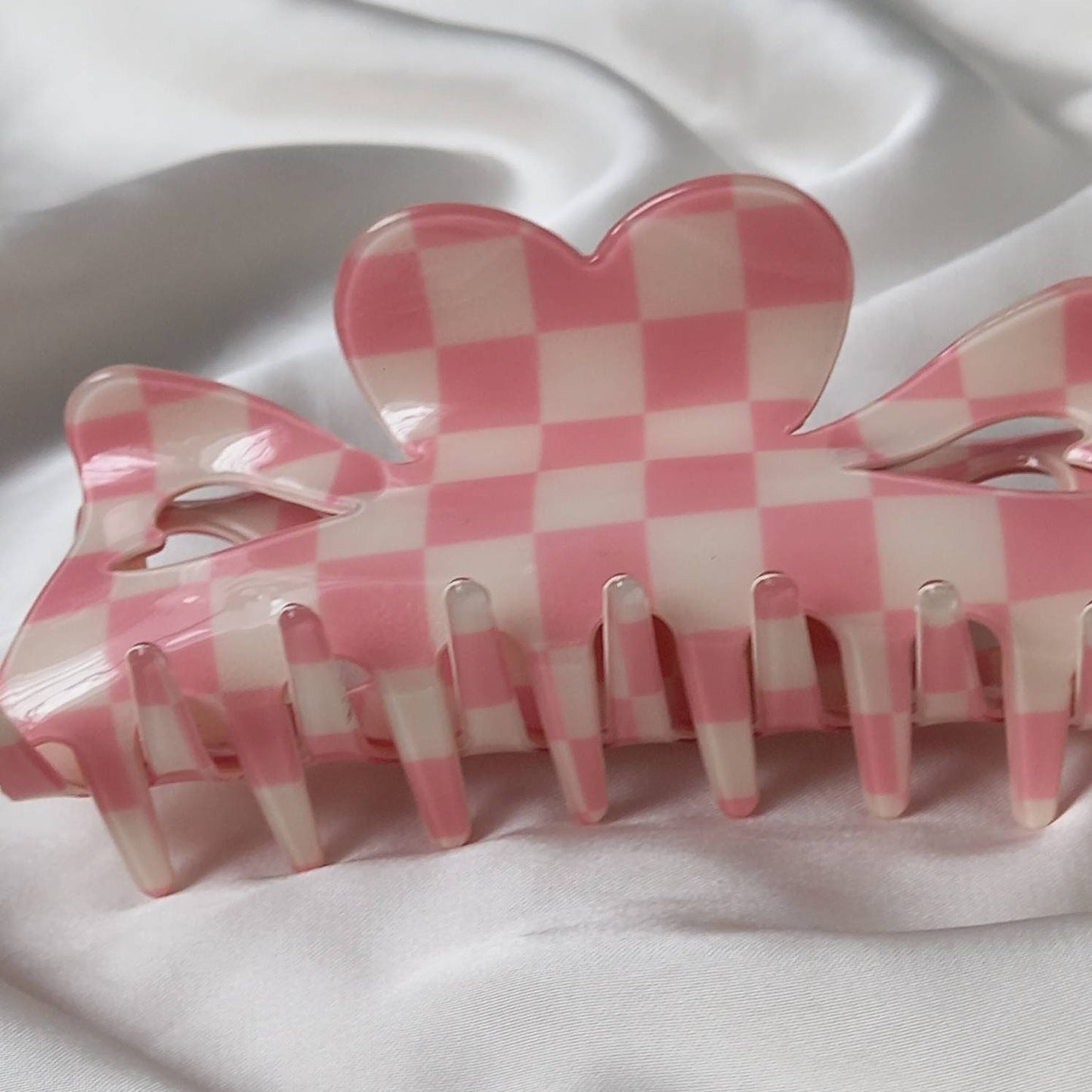 Pink & White Retro Heart Hair Clip - Pink Hair Clip,Funky Hair Clip,70's Accessories,Vintage Style Hair Clip,Checkered Hair Clips In The UK