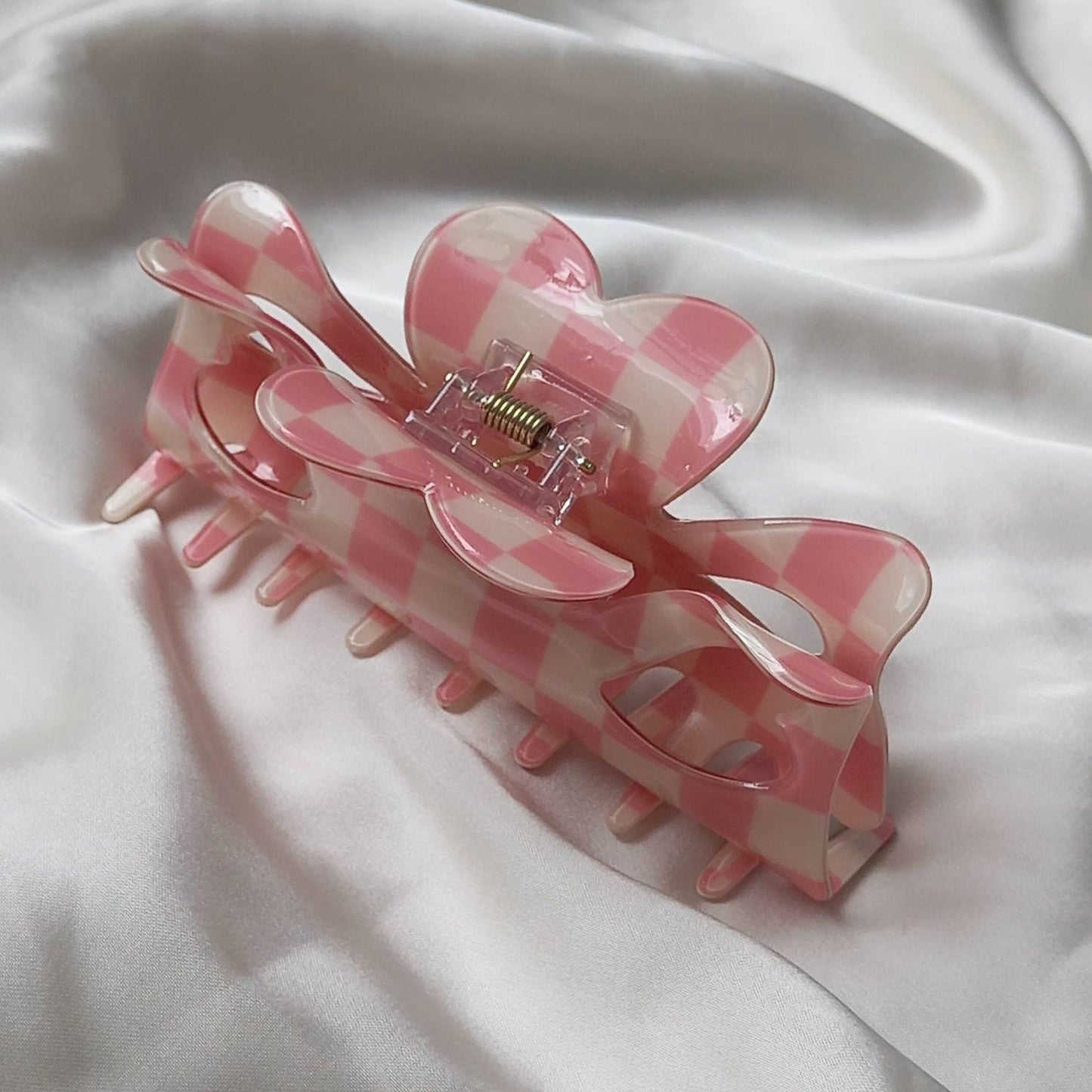 Pink & White Retro Heart Hair Clip - Pink Hair Clip,Funky Hair Clip,70's Accessories,Vintage Style Hair Clip,Checkered Hair Clips In The UK