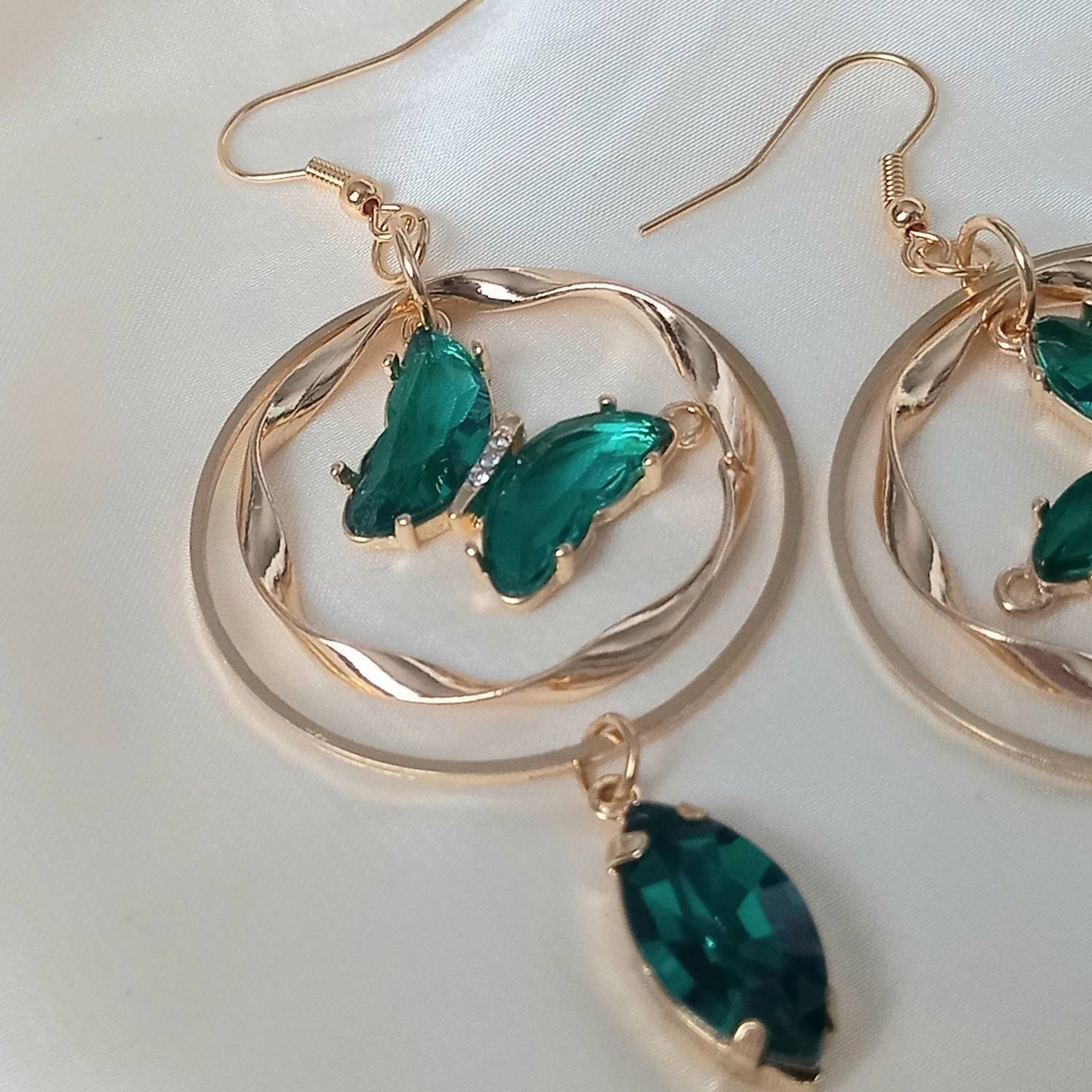Gold & Green Butterfly Drop Earrings - Green Drop Earrings, Green Butterfly Earrings, Gold Earrings In The UK, Gold Butterfly Jewellery
