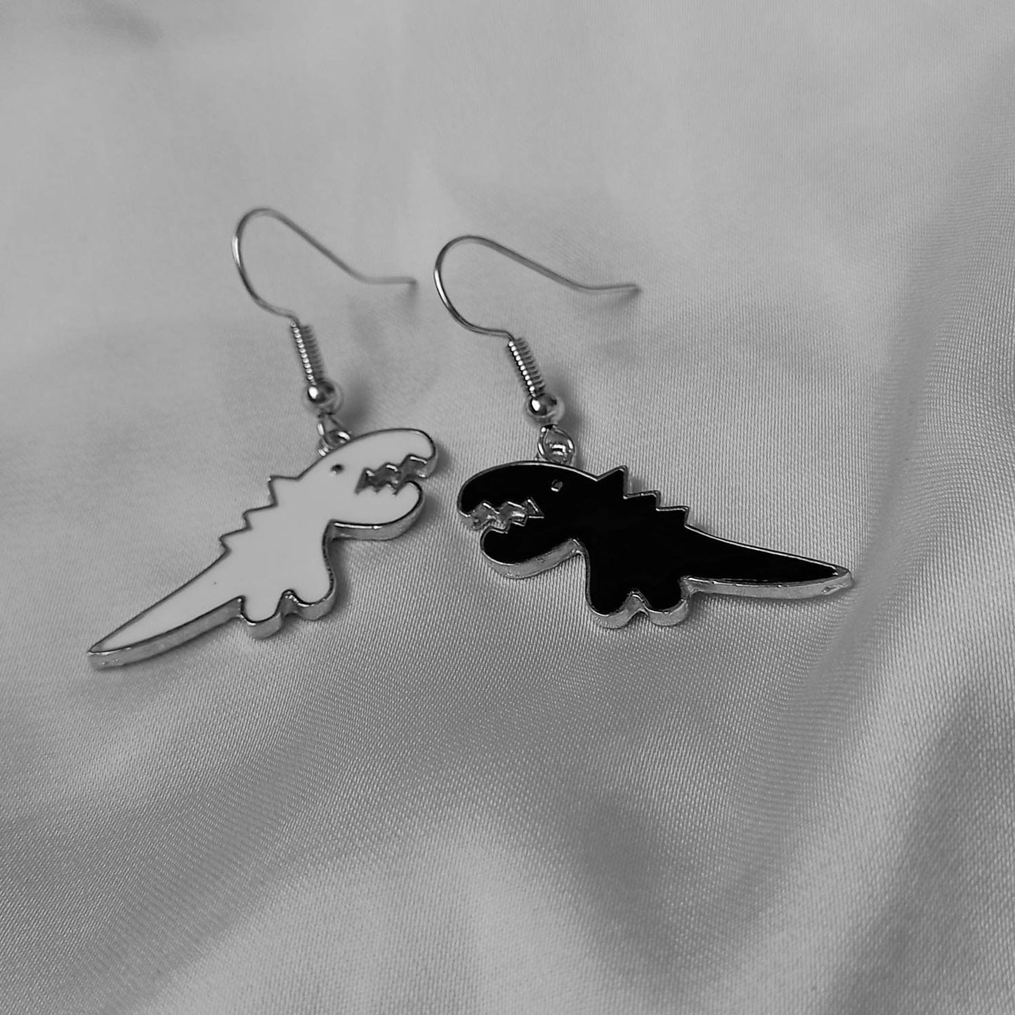 Black & White Dinosaur Drop Earrings - Dinosaur Earrings, Black Drop Earrings, Black Jewellery,Dinosaur Jewellery,Novelty,Funky Jewellery