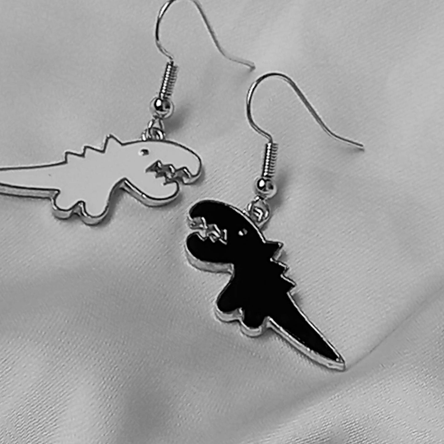 Black & White Dinosaur Drop Earrings - Dinosaur Earrings, Black Drop Earrings, Black Jewellery,Dinosaur Jewellery,Novelty,Funky Jewellery