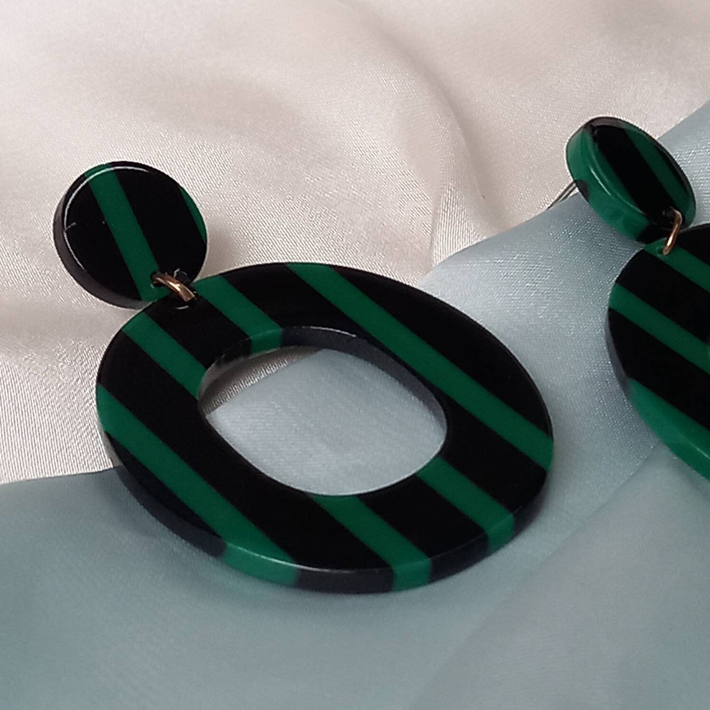 Striped Green Drop Earrings -  Green Earrings In The UK, Striped Earrings, Green Jewellery In The UK, Gold Earrings, Gold Earrings In The UK