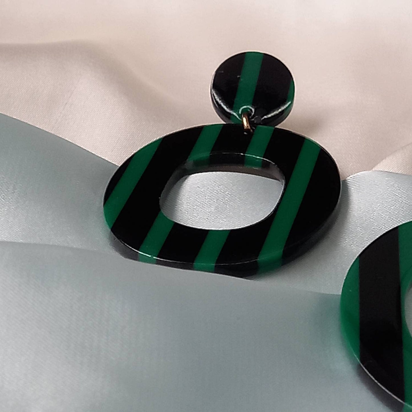 Striped Green Drop Earrings -  Green Earrings In The UK, Striped Earrings, Green Jewellery In The UK, Gold Earrings, Gold Earrings In The UK