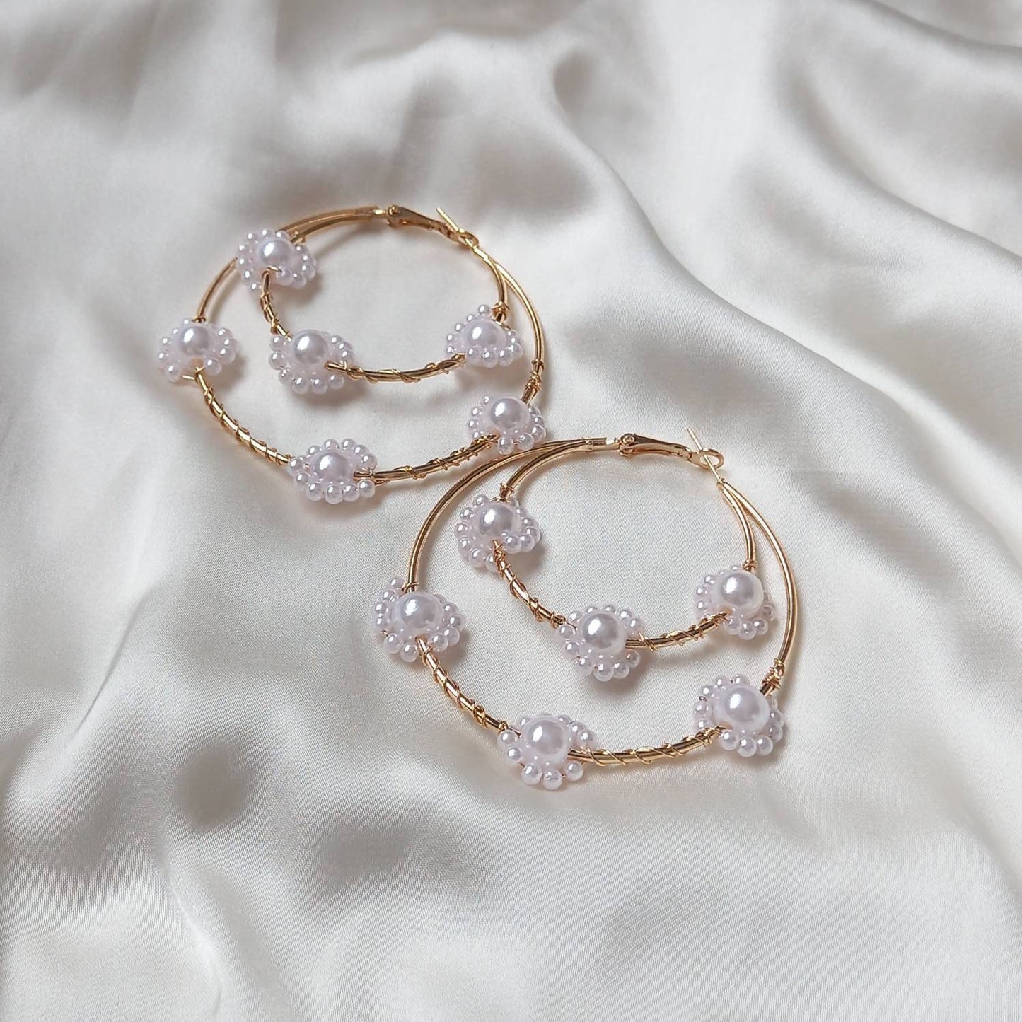 Faux Pearl Flower Hoop Earrings - Pearl Jewellery, Pearl Earrings, Flower Bead Earrings, Hoop Earrings, Cute Earrings, Pearl Jewellery