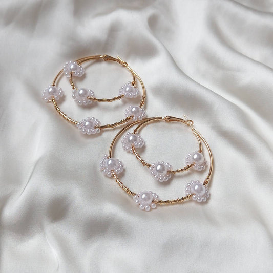 Faux Pearl Flower Hoop Earrings - Pearl Jewellery, Pearl Earrings, Flower Bead Earrings, Hoop Earrings, Cute Earrings, Pearl Jewellery