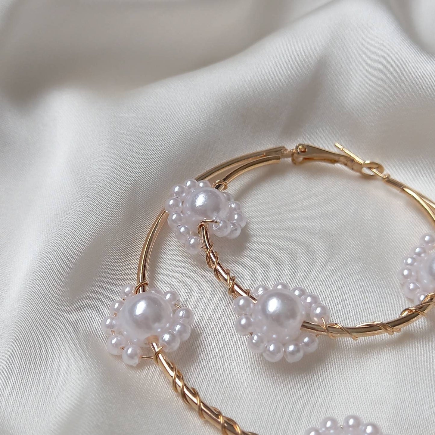 Faux Pearl Flower Hoop Earrings - Pearl Jewellery, Pearl Earrings, Flower Bead Earrings, Hoop Earrings, Cute Earrings, Pearl Jewellery