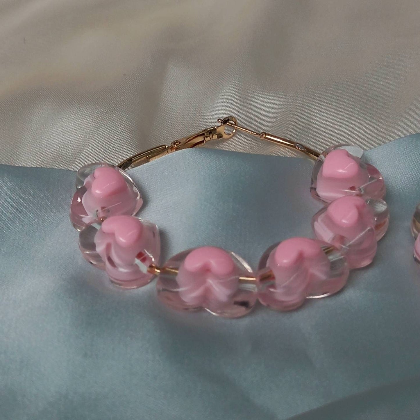 Gold & Pink Heart Hoop Earrings - Pink Bead Hoop Earrings, Pink Heart Earrings, Pink Earrings, Cute Earrings, Gold Earrings, Gold Jewellery