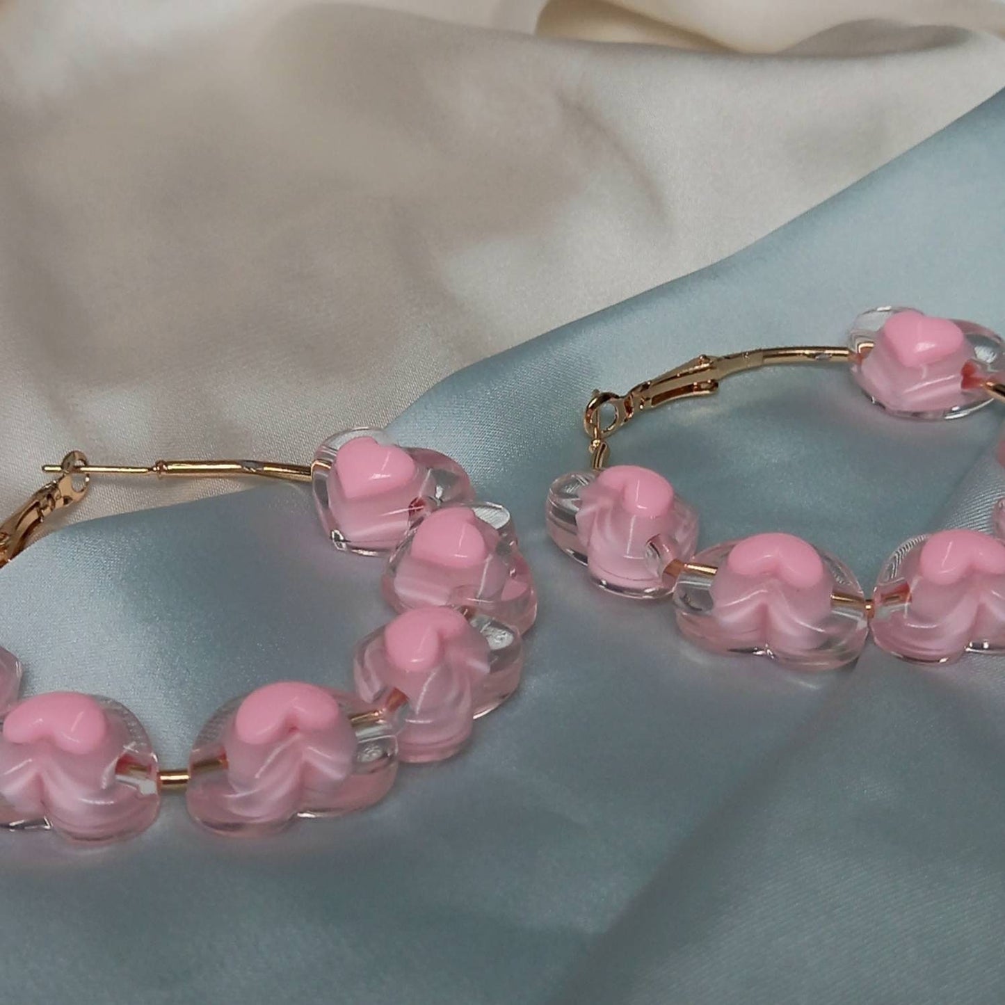 Gold & Pink Heart Hoop Earrings - Pink Bead Hoop Earrings, Pink Heart Earrings, Pink Earrings, Cute Earrings, Gold Earrings, Gold Jewellery