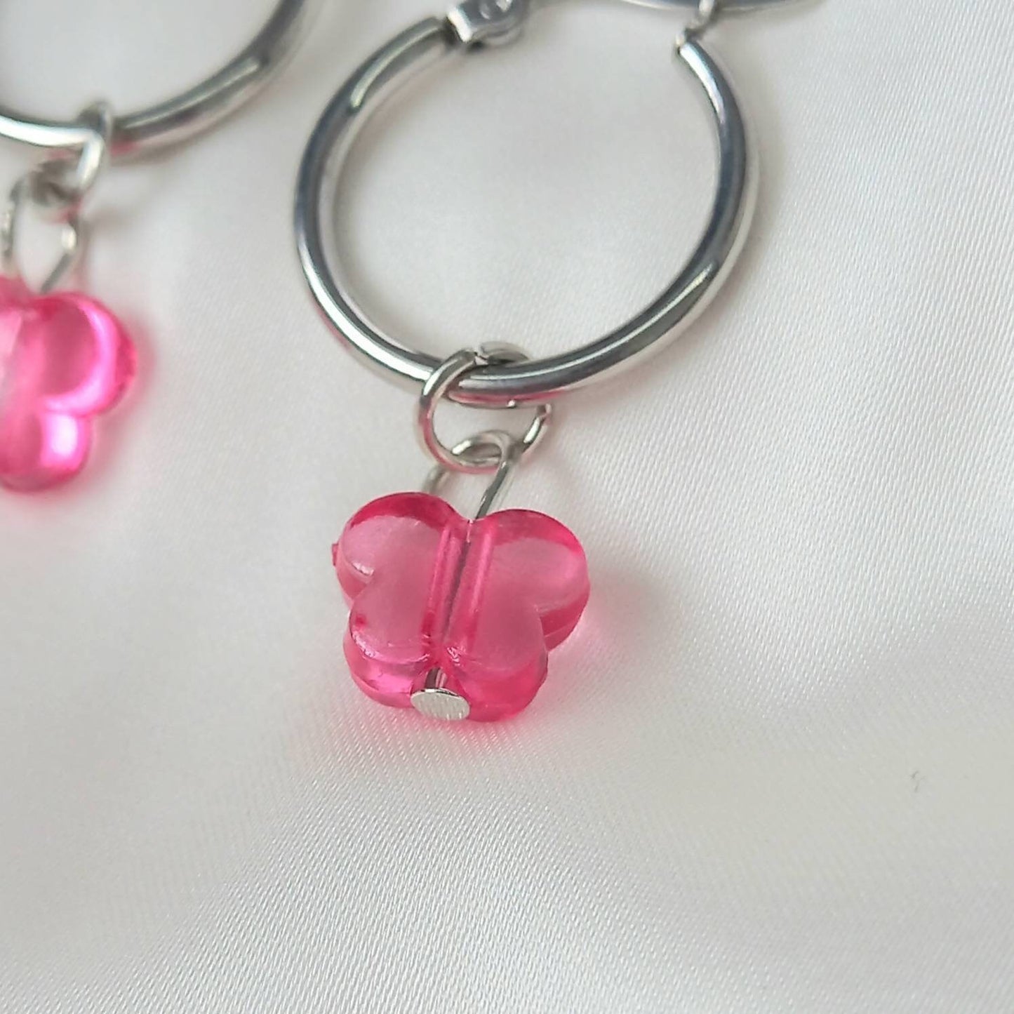 Silver & Pink Butterfly Hoop Earrings - Lightweight Hoop Earrings,Pink Butterfly Earrings,Hoop Earrings,Silver Earrings,Pink Bead Earrings
