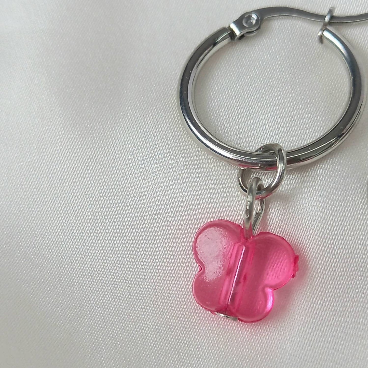 Silver & Pink Butterfly Hoop Earrings - Lightweight Hoop Earrings,Pink Butterfly Earrings,Hoop Earrings,Silver Earrings,Pink Bead Earrings