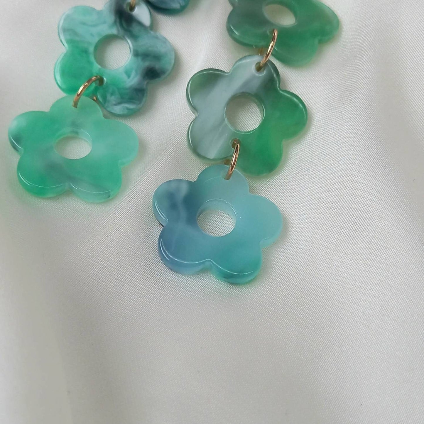 Green & Gold Flower Drop Earrings - Green Flower Earrings In The UK,Flower Jewlellery In The UK,Retro Earrings,70's Earrings,Green Earrings