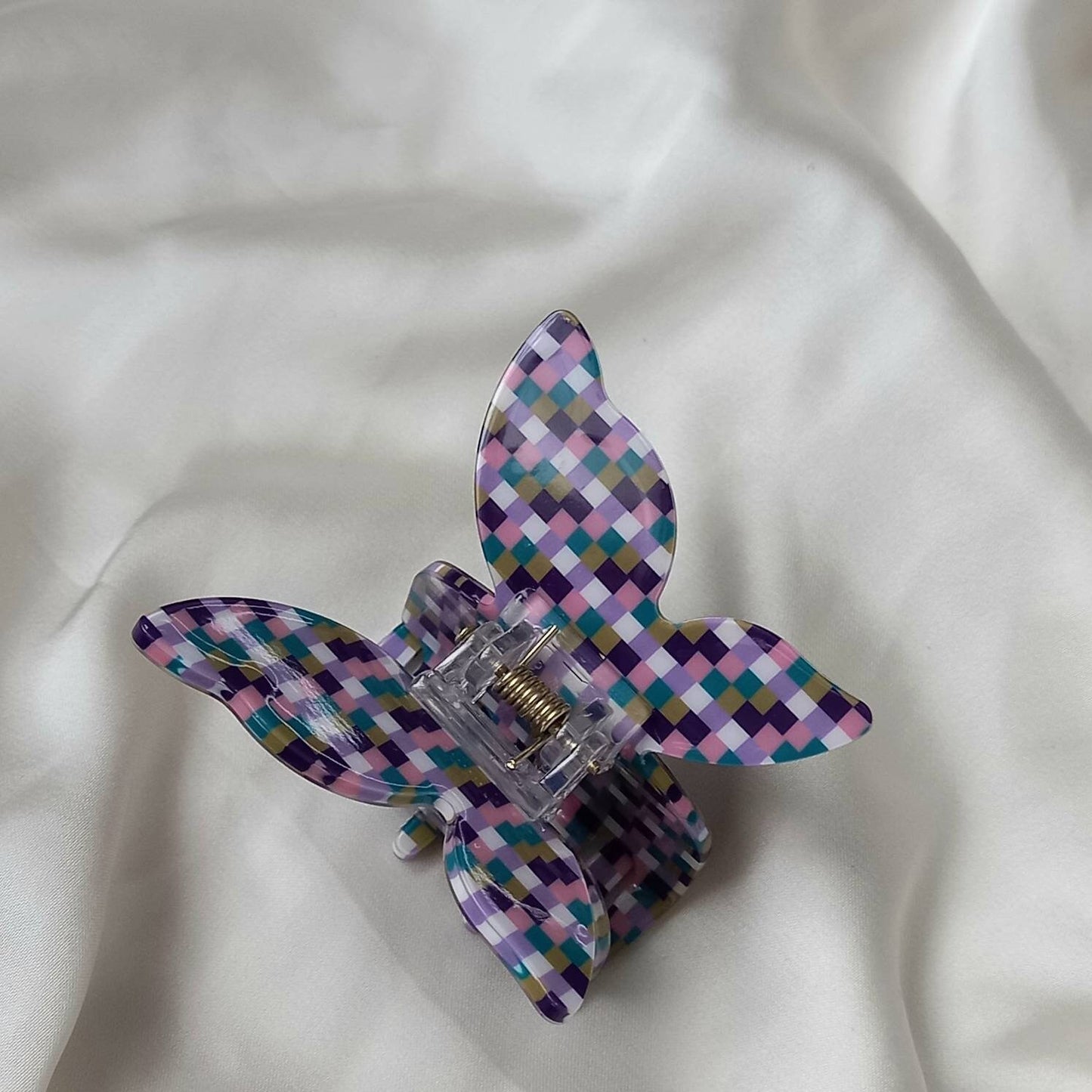 Checkered Retro Butterfly Hair Clip - Pink Hair Clip, Funky Hair Clip, 70's Accessories, Blue Hair Claw, Checkered Hair Clips In The UK