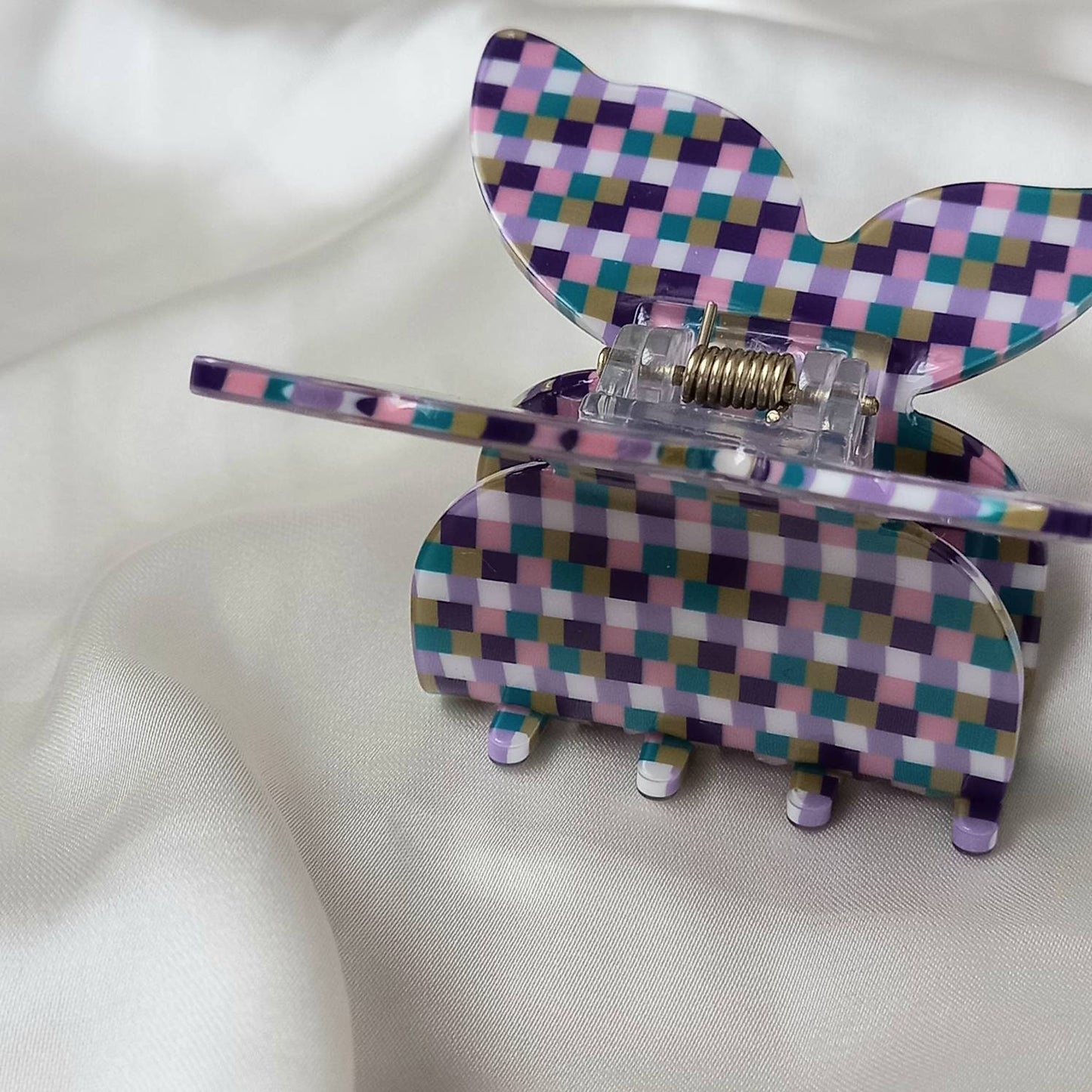 Checkered Retro Butterfly Hair Clip - Pink Hair Clip, Funky Hair Clip, 70's Accessories, Blue Hair Claw, Checkered Hair Clips In The UK