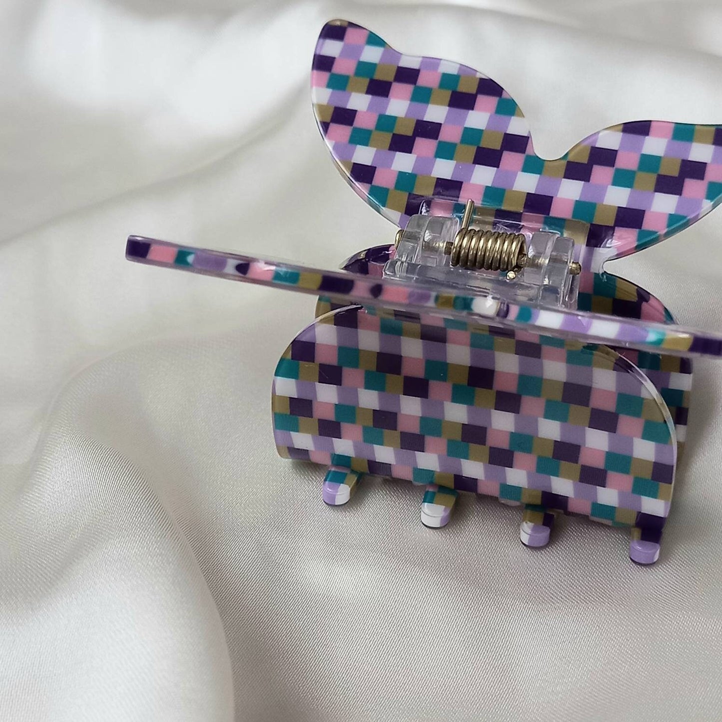 Checkered Retro Butterfly Hair Clip - Pink Hair Clip, Funky Hair Clip, 70's Accessories, Blue Hair Claw, Checkered Hair Clips In The UK