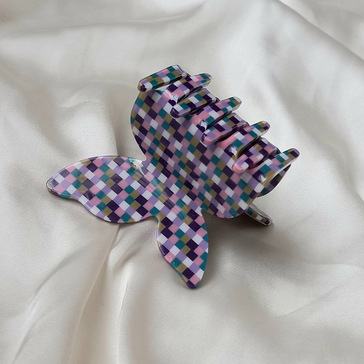 Checkered Retro Butterfly Hair Clip - Pink Hair Clip, Funky Hair Clip, 70's Accessories, Blue Hair Claw, Checkered Hair Clips In The UK