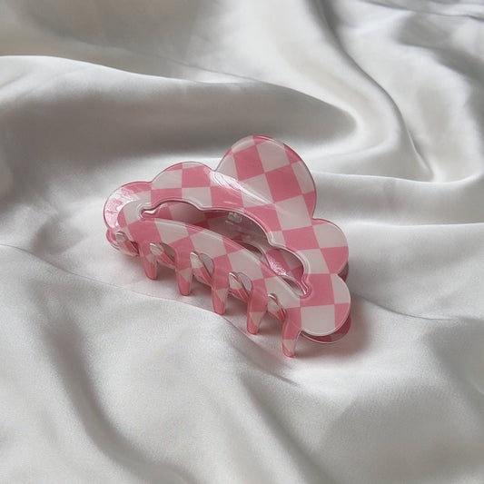 Pink & White Retro Cloud Hair Clip - Pink Hair Clip,Funky Hair Clip,70's Accessories,Vintage Style Hair Clip,Checkered Hair Clips In The UK