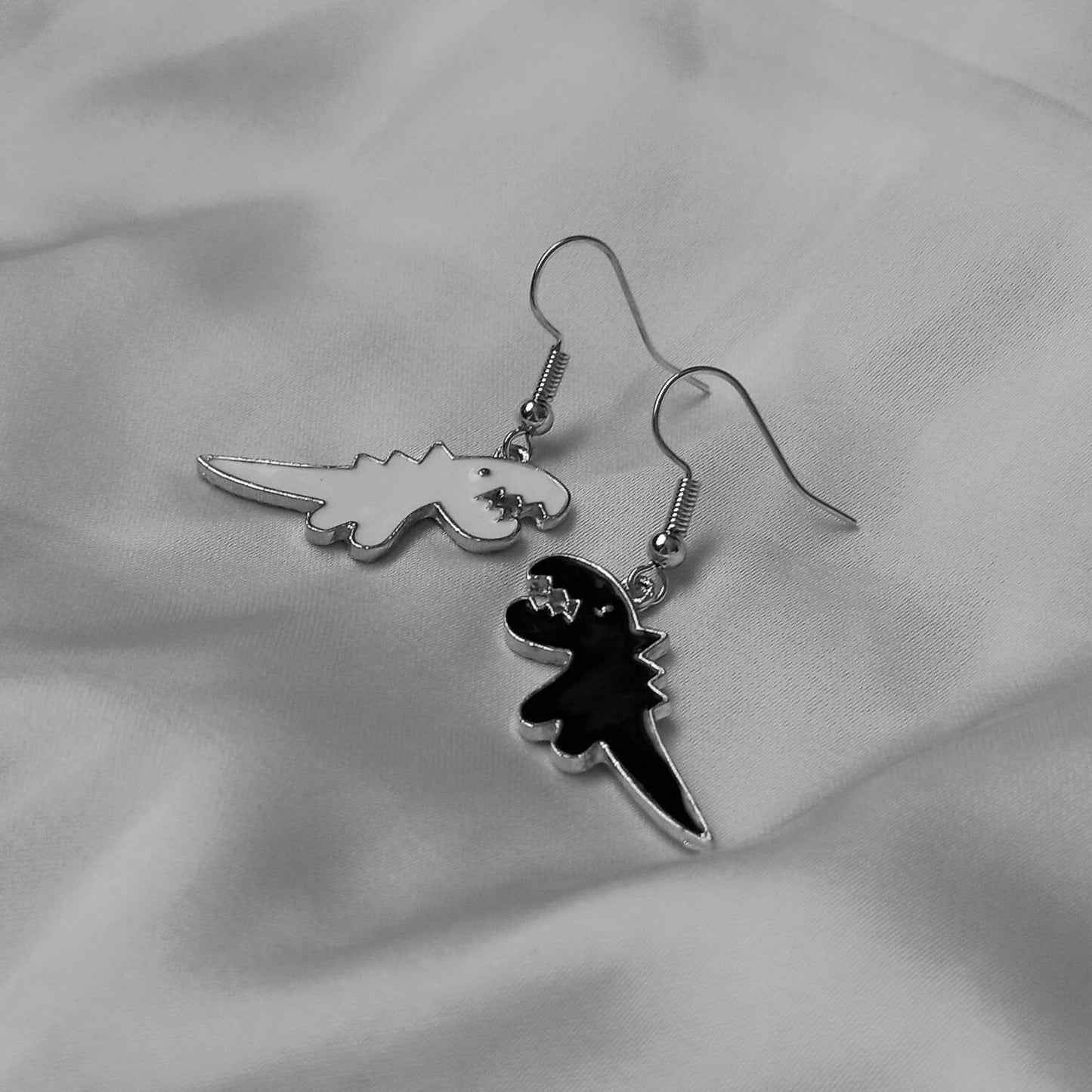 Black & White Dinosaur Drop Earrings - Dinosaur Earrings, Black Drop Earrings, Black Jewellery,Dinosaur Jewellery,Novelty,Funky Jewellery