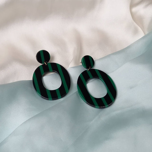 Striped Green Drop Earrings -  Green Earrings In The UK, Striped Earrings, Green Jewellery In The UK, Gold Earrings, Gold Earrings In The UK