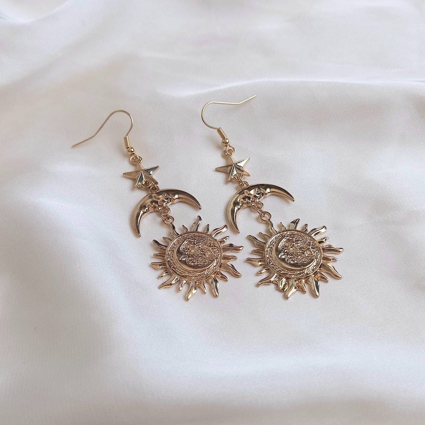Gold Sun Moon Star Drop Earrings - Lightweight Drop Earrings, Gold Sun Earrings, Moon Earrings, Gold Star Earrings In The UK, Gold Jewellery