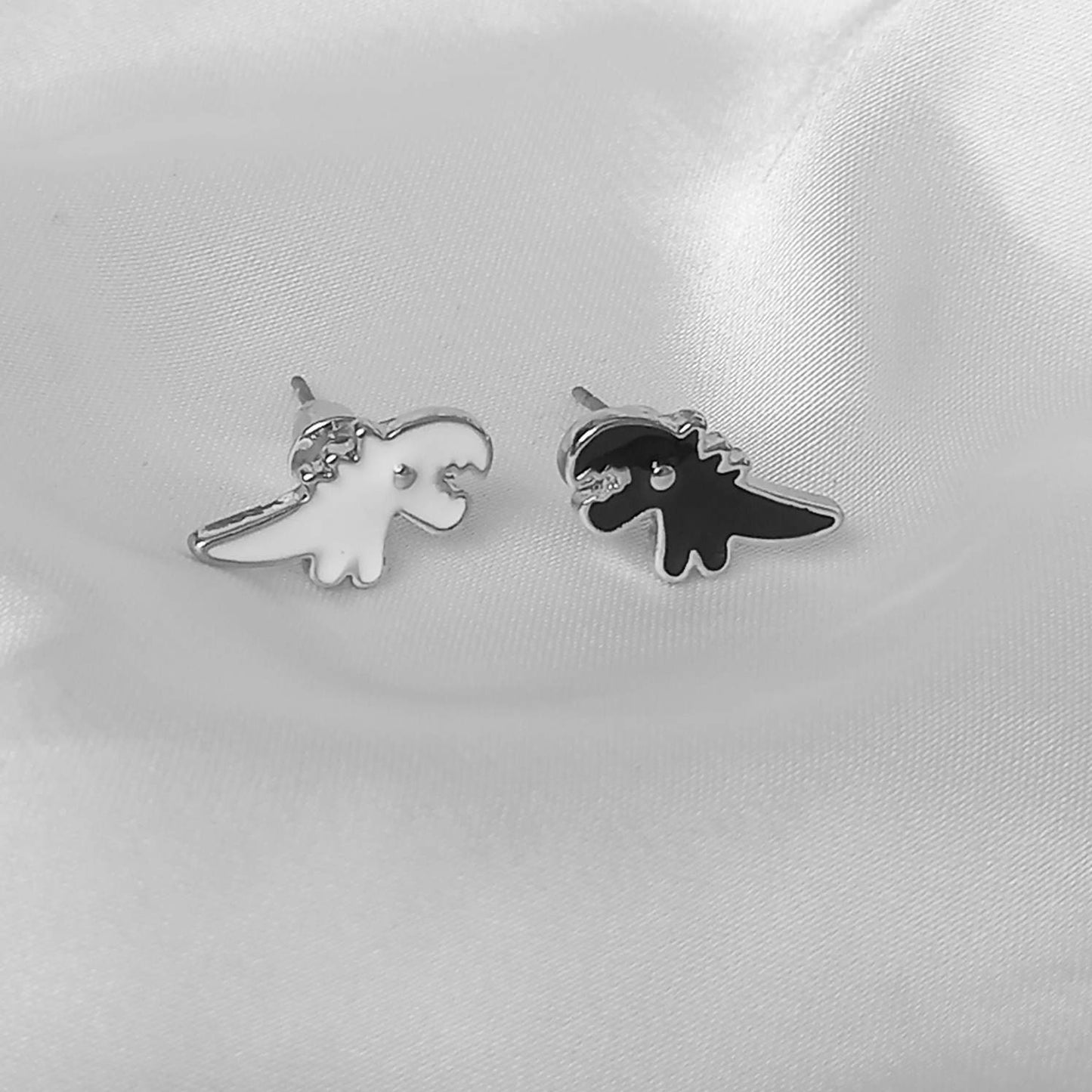 Black & White Dinosaur Stud Earrings - Dinosaur Earrings, Black Stud Earrings, Black Jewellery,Dinosaur Jewellery,Novelty,Funky Jewellery